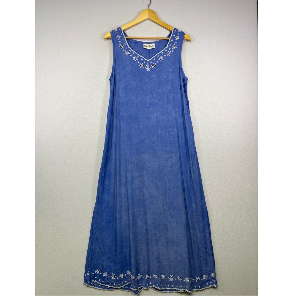 Boho Cottagecore Red's Threads Women L‎ Blue Embroidered Eyelet Rayon Maxi Dress